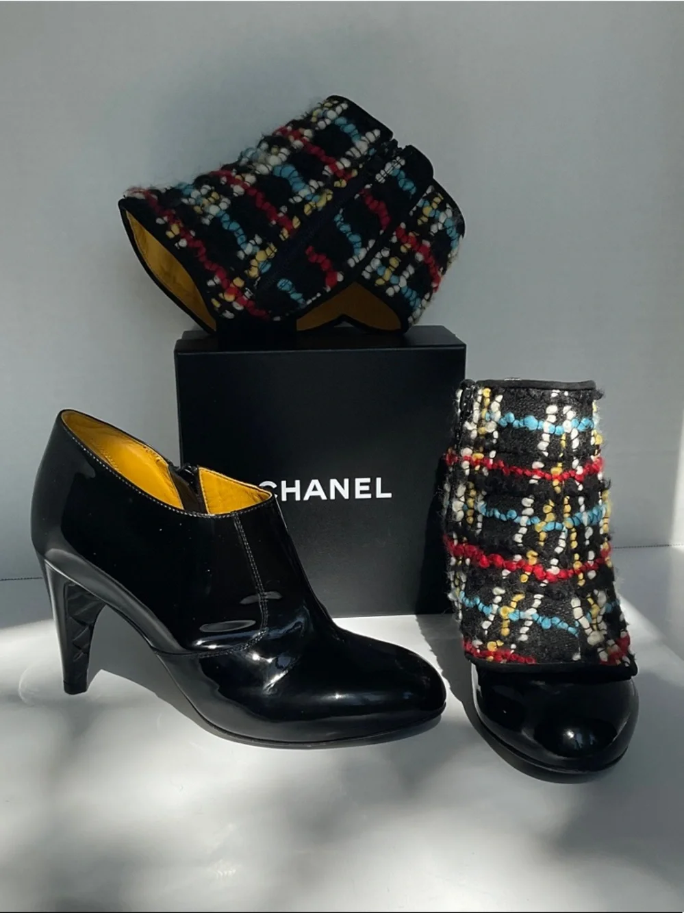 CHANEL Black Patent Leather Ankle Boots with Multicolor Tweed Shaft